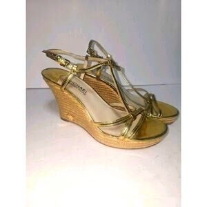 Michael Kors Laney Pale Gold Leather Espadrille Wedge Womens size 7.5 EUC
